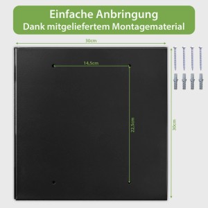 Schwarze Rückseite des Banjado Metall-Schlüsselkastens 30x30cm mit Bohrpunkten und Montagematerial zur einfachen Wandmontage.