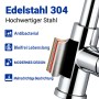 Detailaufnahme: AICA Spültischarmatur aus Chrom, Edelstahl 304, mit Hinweisen zu Materialeigenschaften.