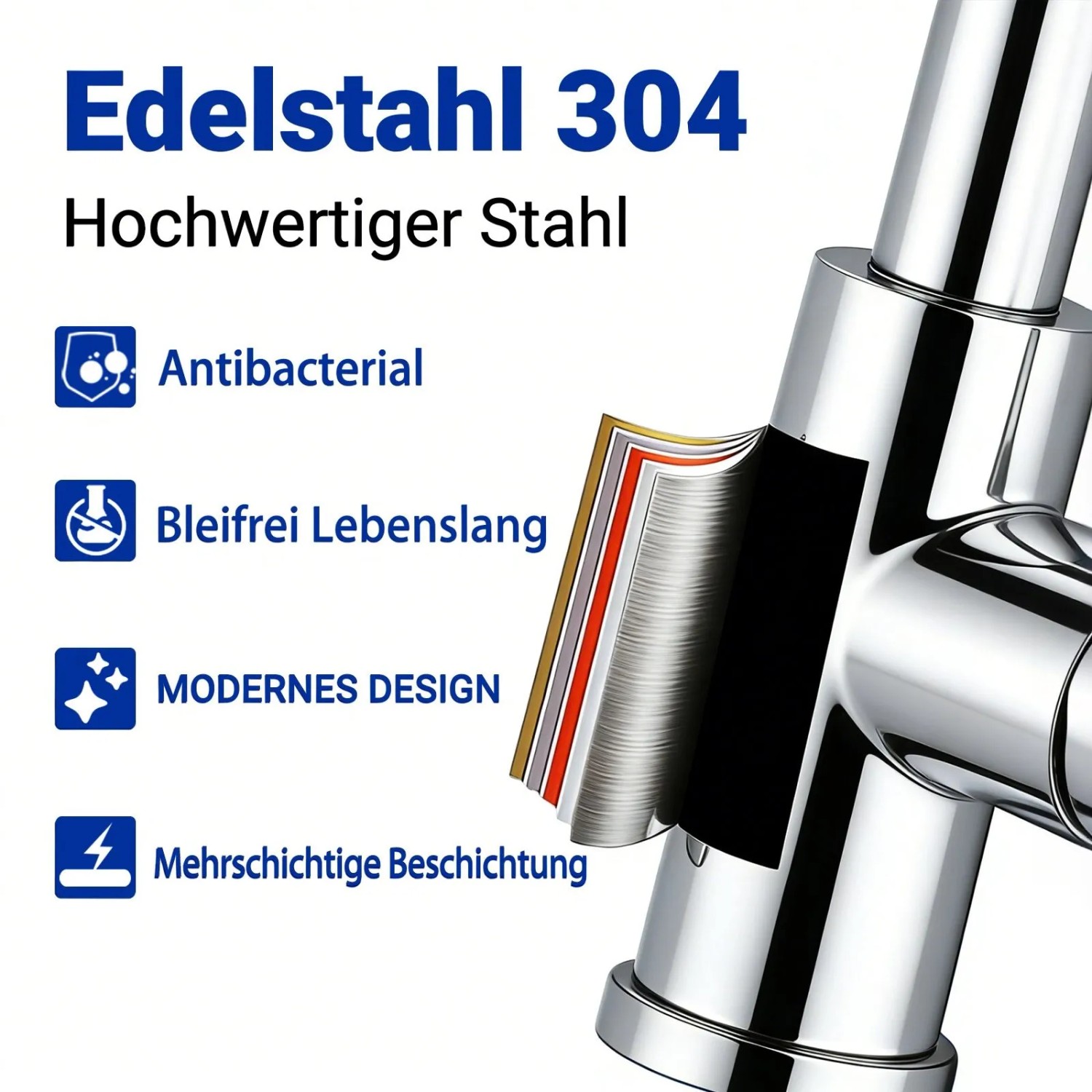 Detailaufnahme: AICA Spültischarmatur aus Chrom, Edelstahl 304, mit Hinweisen zu Materialeigenschaften.