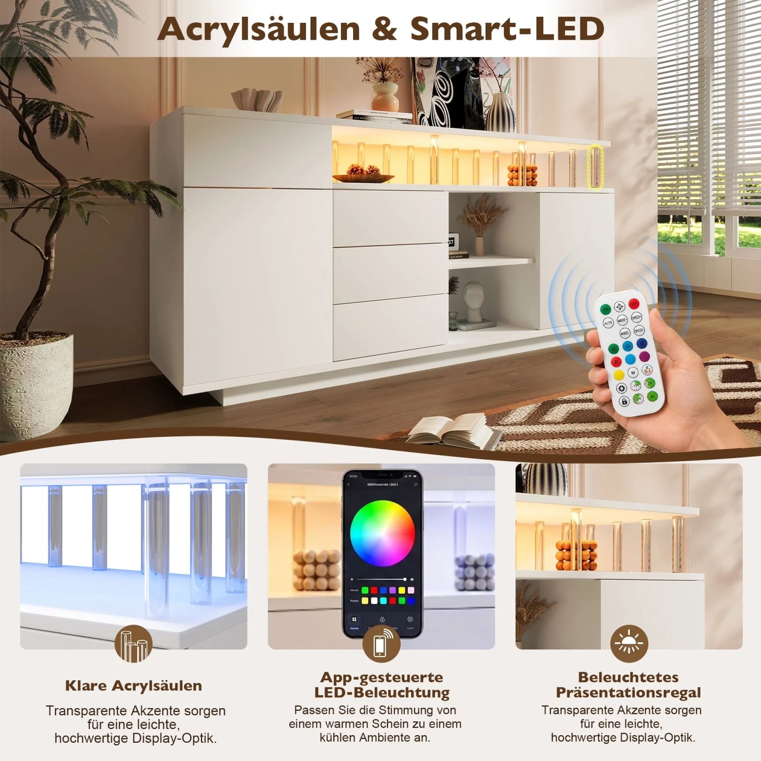 Weißes Merax Sideboard 160 cm mit LED-Beleuchtung, Acrylstützen, Schubladen & Schränken. Moderne Wohnzimmer Kommode.