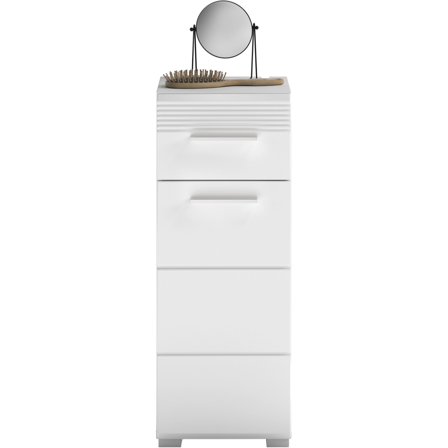 Weißer, schmaler Bad-Standschrank Linus Hochglanz (30 cm) mit vier Schubladen.