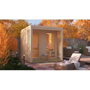 Karibu Saunahaus Rolous 2 aus naturbelassener Fichte mit Glasfront und seitlichem Sichtschutz.