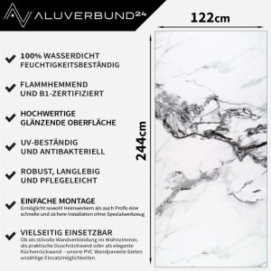 Hochglanz PVC Wandpaneel in Marmor Optik, 122x244cm, ideal als Duschrückwand oder Küchenrückwand.