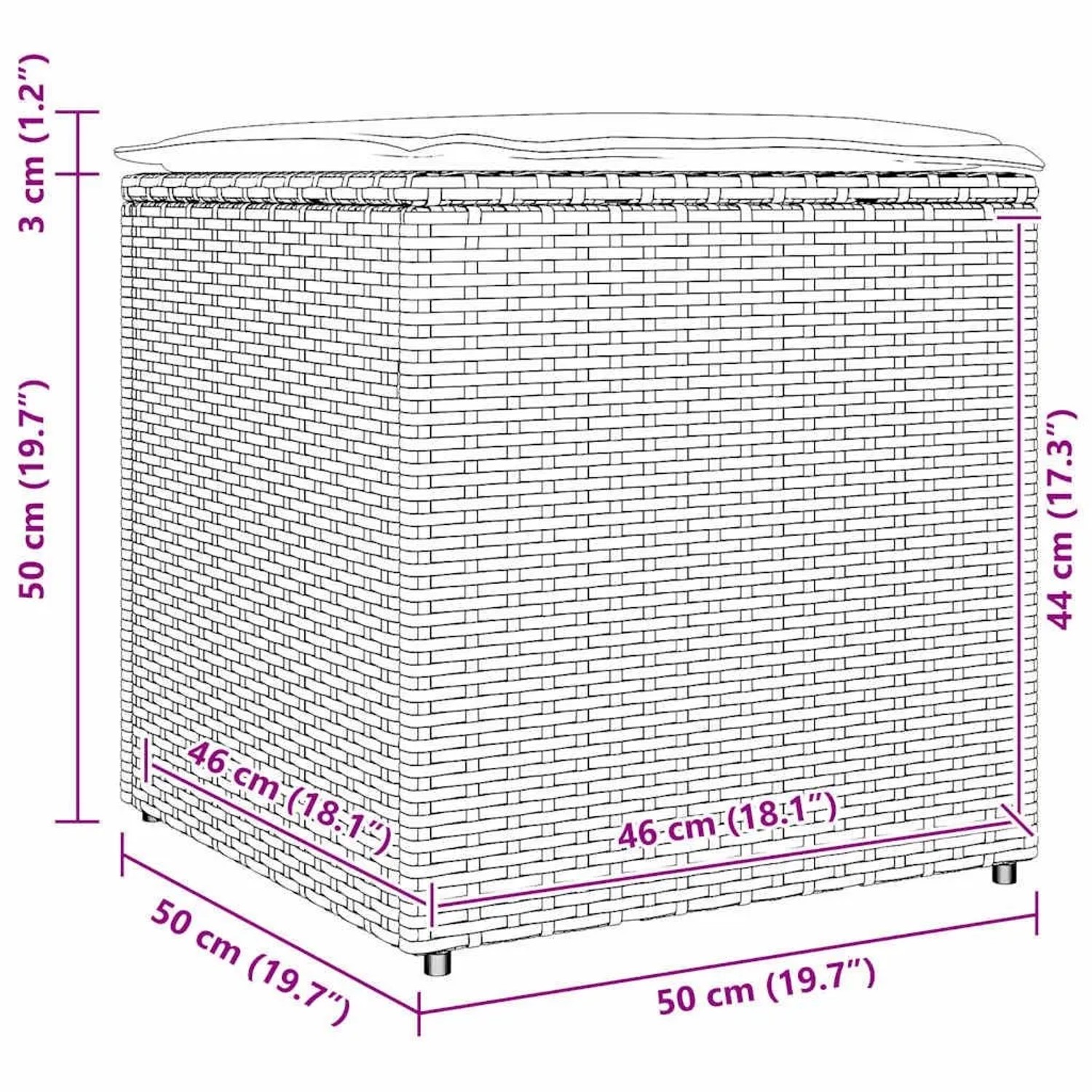 Graue vidaXL Kissenbox aus Poly-Rattan, 50x50x50 cm, zur Aufbewahrung im Garten.