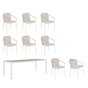 Bizzotto Lounge-Gartenmöbel Set: Tisch mit Holzoptik, 8 Stühle mit beigen Kissen.