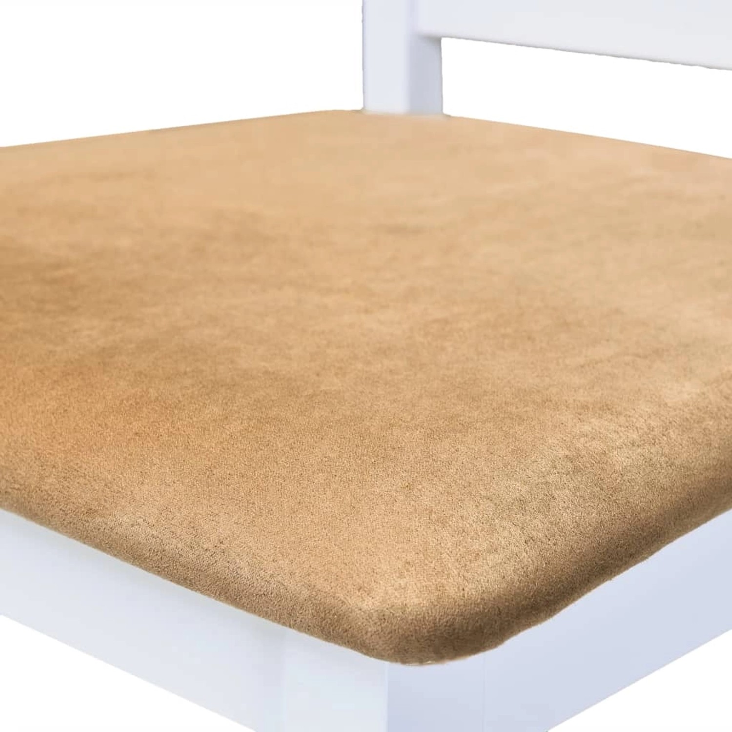 Detailaufnahme: Beige Sitzfläche eines weißen Barhockers aus dem vidaXL Stehtisch-Set.