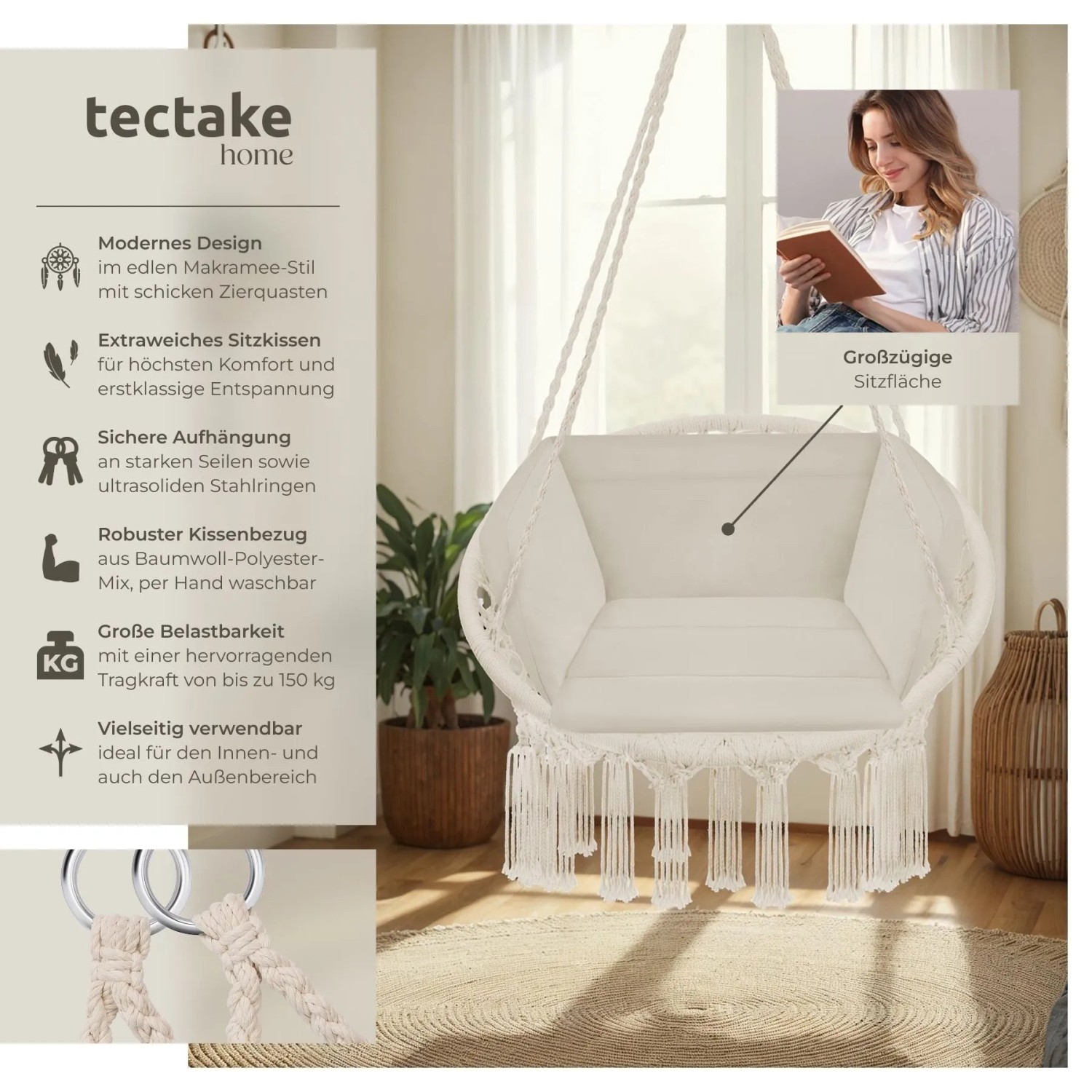 Tectake Hängesessel Grazia Mit Sitz und Rückenpolster Stabil und Strapazierfähig 72 x 80 x 125 cm Beige_2