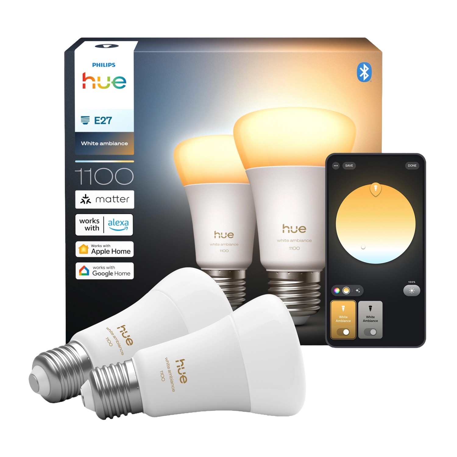 Philips Hue Smart LED-Leuchtmittel E27 8,1 W 1.100 lm White Ambiance 2er Pack