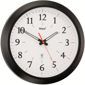 Schwarze, analoge Funk-Wanduhr mit weißem Ziffernblatt und roten Zeigern.