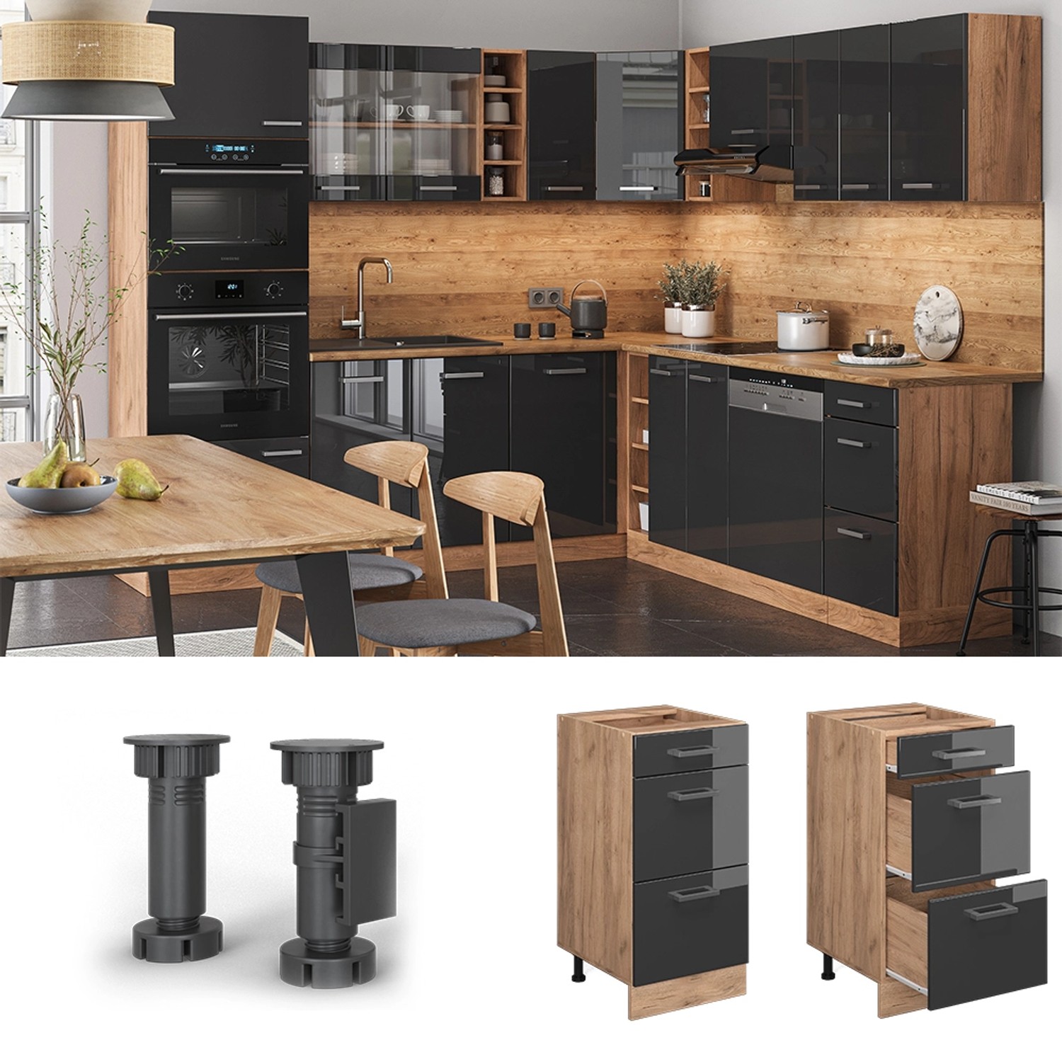 Vicco Küchenunterschrank R-Line, anthrazit hochglanz, 40cm, mit Schubladen und Eiche Korpus.