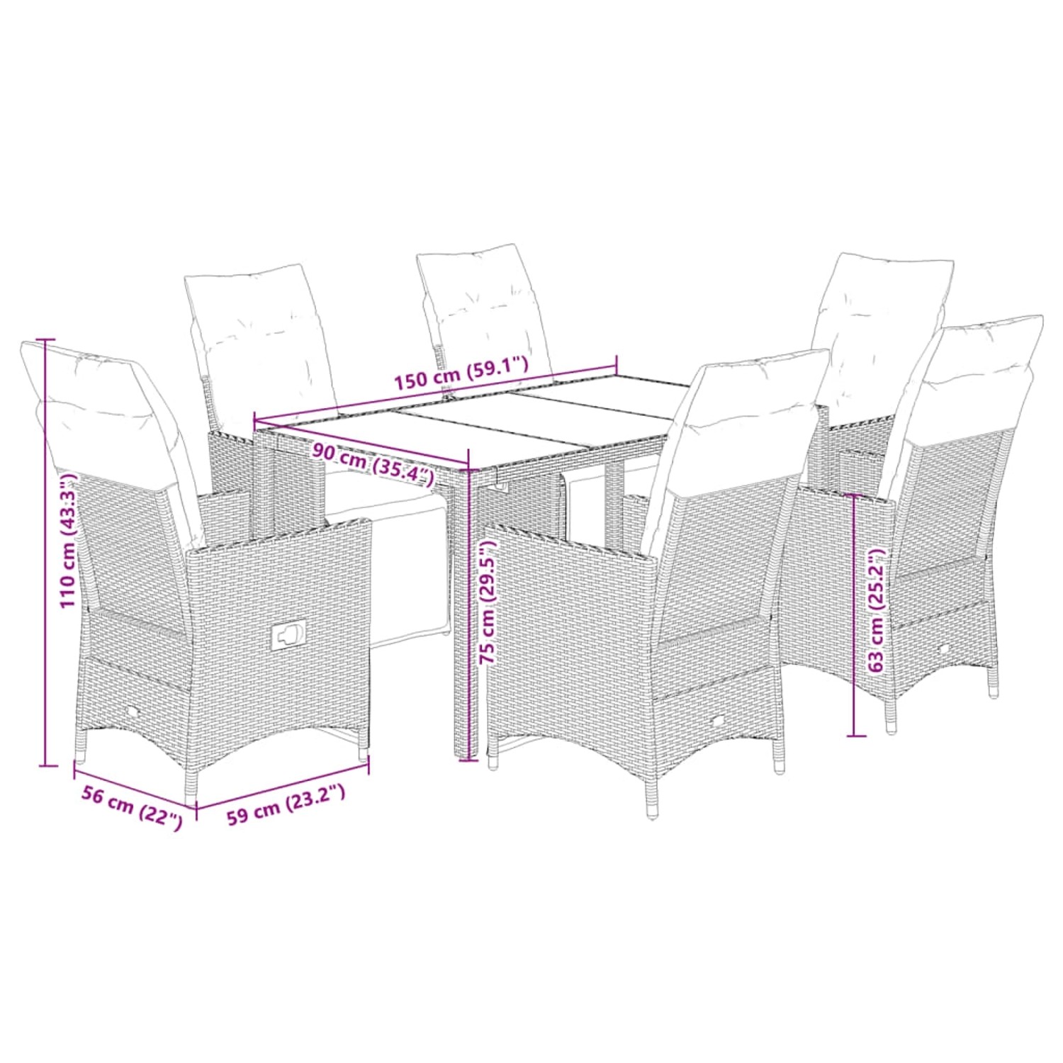vidaXL 7-tlg. Garten-Bistro-Set mit beigen Polyrattan-Stühlen, Tisch mit Glasplatte und cremefarbenen Kissen.