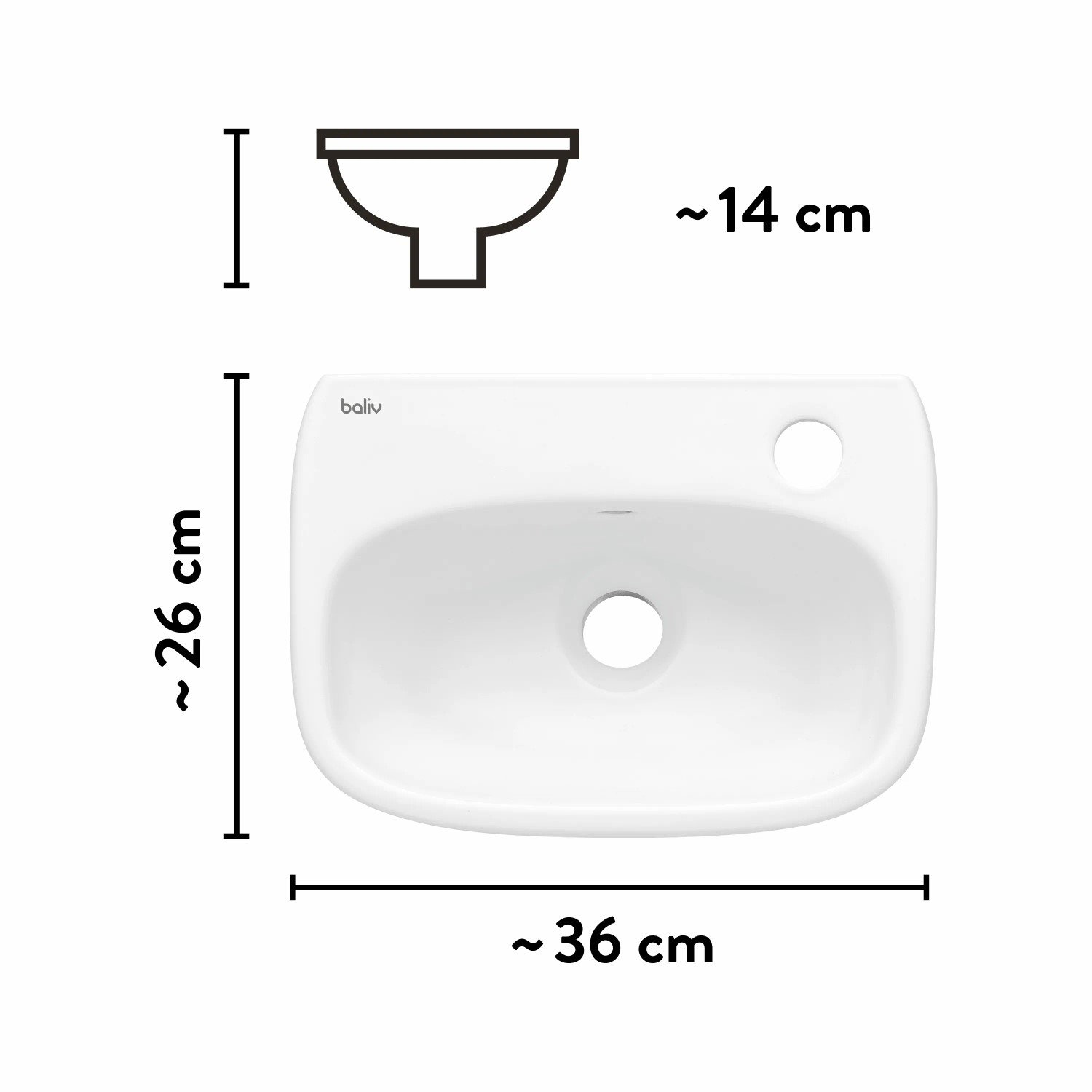 Weißes baliv Handwaschbecken-Set, 36 cm, mit Armatur und Maßangaben.