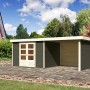 Terragraues Karibu Holz-Gartenhaus Boras mit Flachdach und Anbau. Gartenhaus mit Doppeltür.