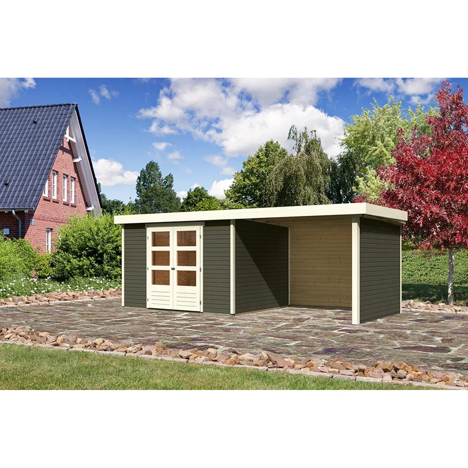 Terragraues Karibu Holz-Gartenhaus Boras mit Flachdach und Anbau. Gartenhaus mit Doppeltür.