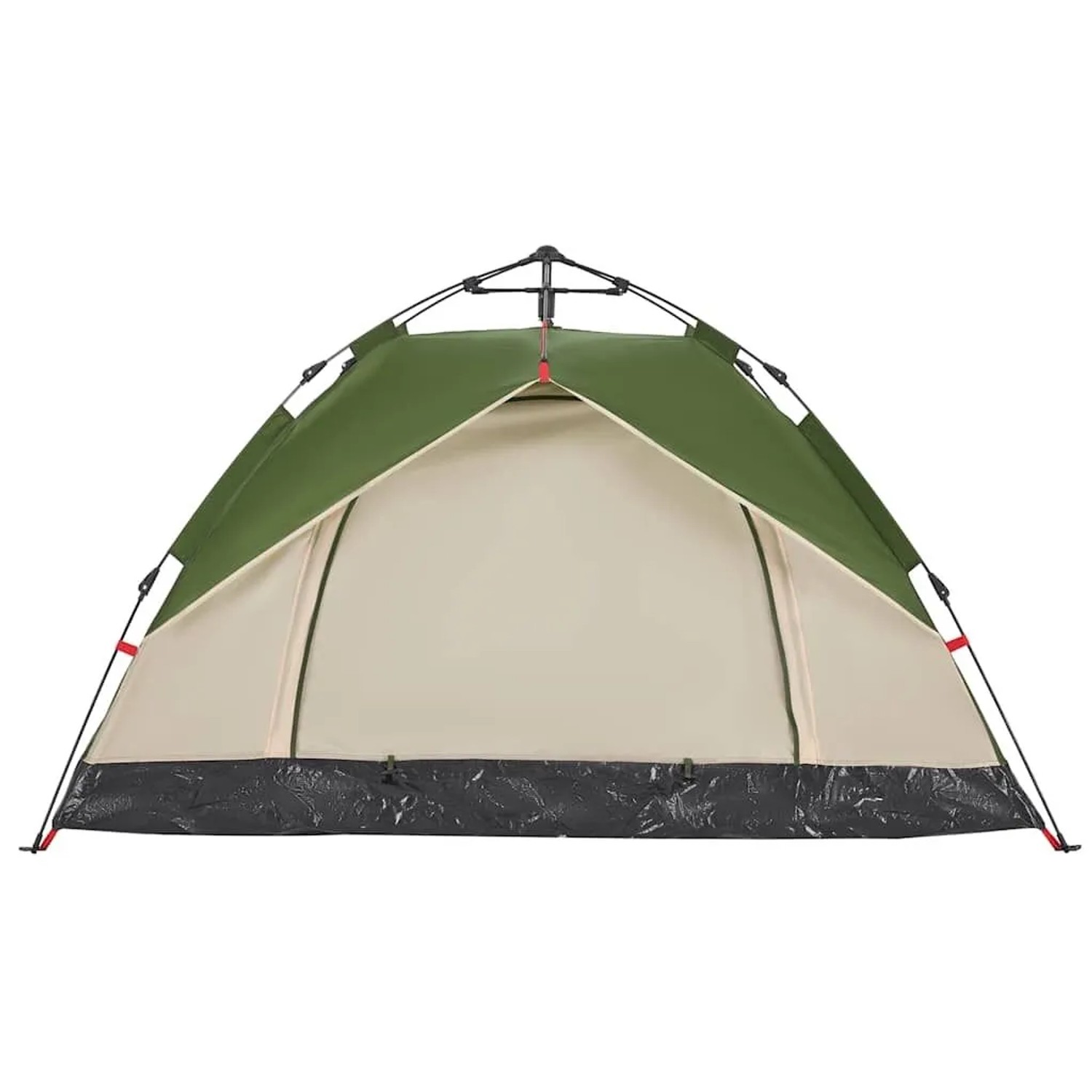 Grünes Kuppelzelt 210x150x130 cm mit beigem Innenzelt und schwarzem Boden. Offener Eingang für Camping & Outdoor.