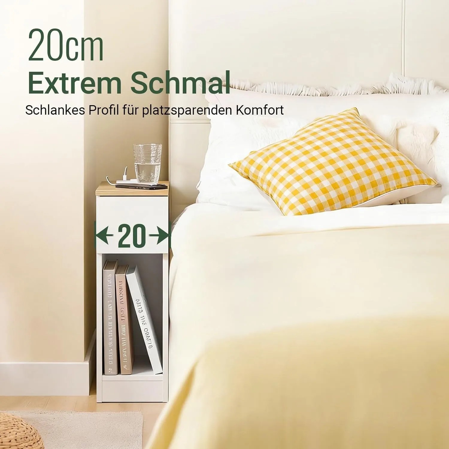 SoBuy 2er Set Nachttisch Schmal mit Steckdose 20cm Breite Nischenschrank 20x60x35cm FBT111-E-WNx2_5