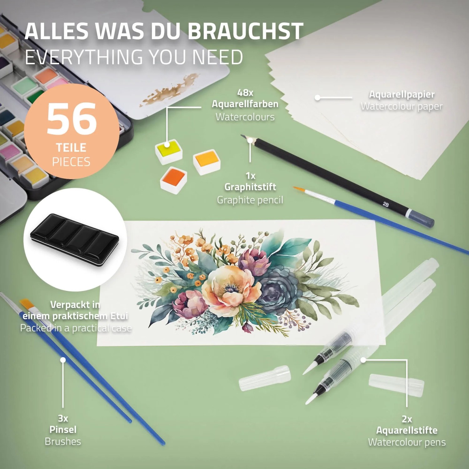 ECD Germany Aquarellfarben Set mit 48 Farben, Pinsel, Stiften und Papier für Bastelfreunde.