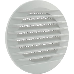 Weißes, rundes Marley Lüftungsgitter 140x100 mm mit Fliegennetz zum Einbau in Rohre.