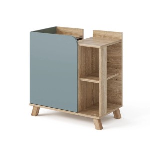 Waschbeckenunterschrank Karen in Sonoma/Blau-Grau mit Tür und offenen Fächern.