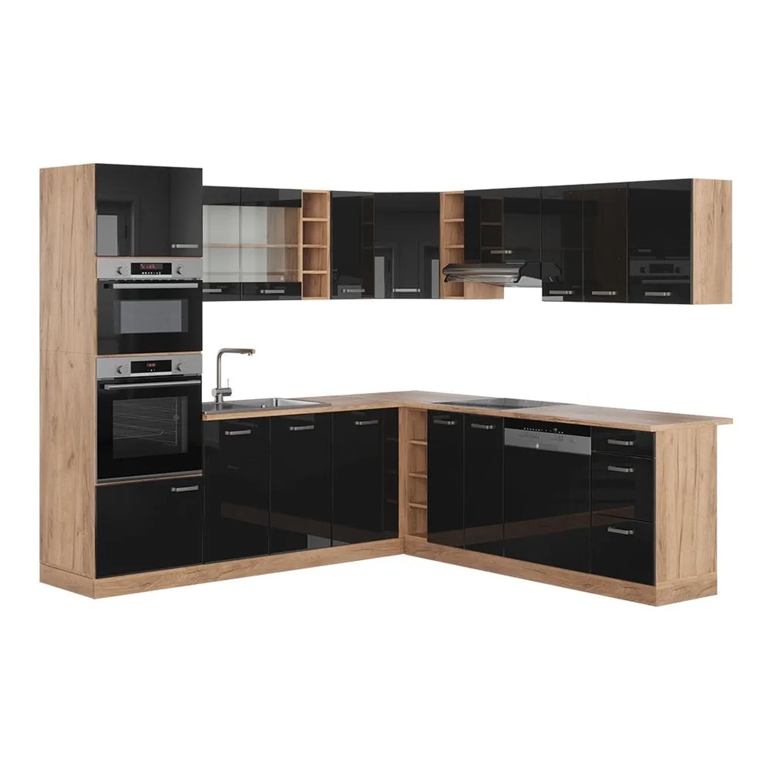 Vicco Eckküche R-Line Schwarz Hochglanz/Goldkraft Eiche 247 x 82 ohne Arbeitsplatte