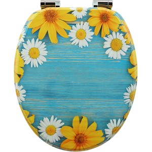 Sanfino WC-Sitz Daisies: Toilettendeckel aus Holz, hellblau mit Gänseblümchen und Absenkautomatik.