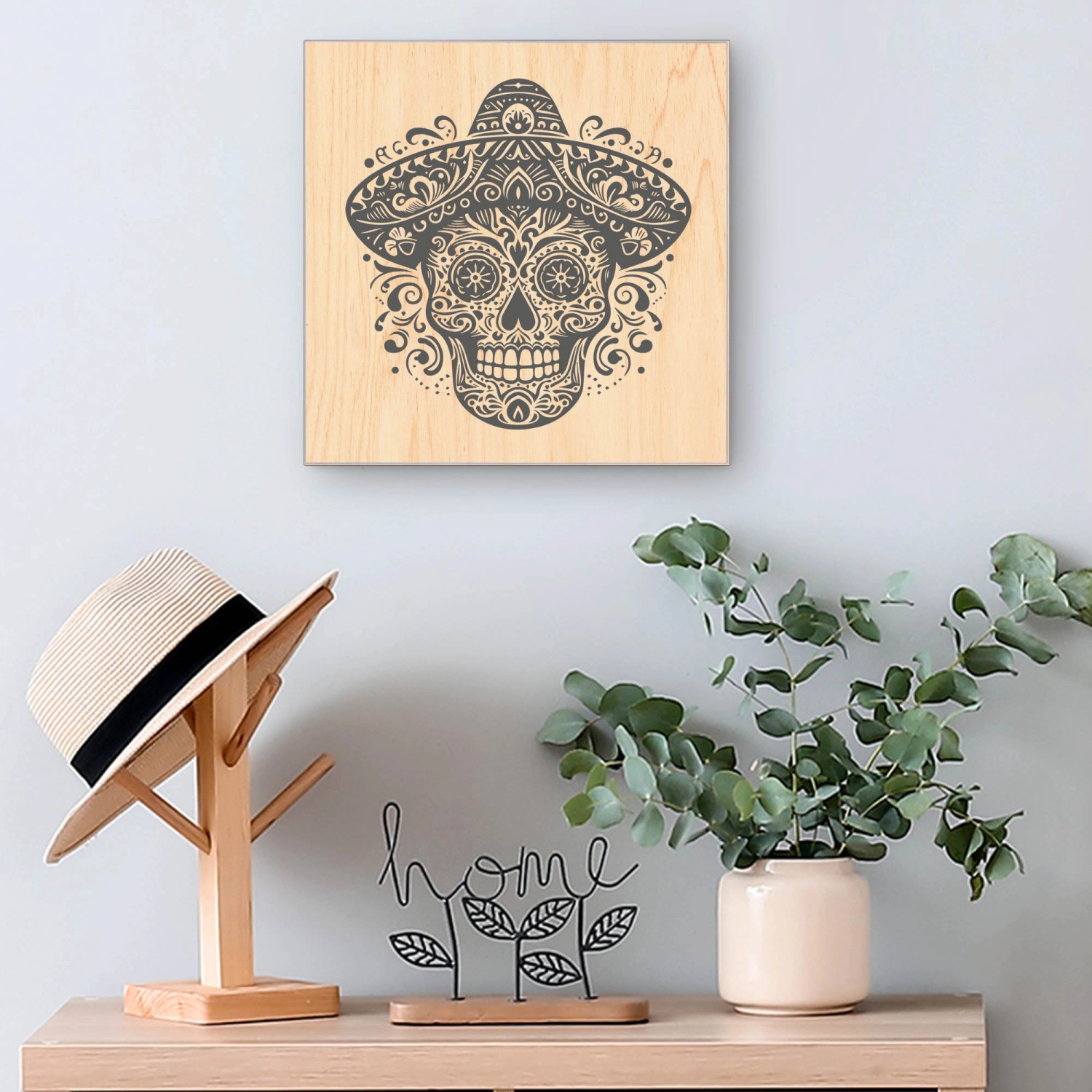 Schlüsselbox Holz, 30x30cm, Motiv Sombrero Totenkopf. Schlüsselkasten für 50 Schlüssel, weiß.
