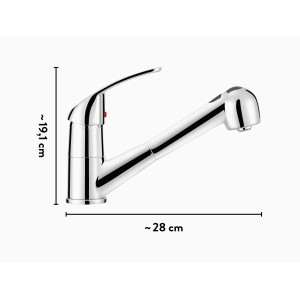 baliv Niederdruck Küchenarmatur KI-1185 N Chrom mit Geschirrbrause und Maßangaben.