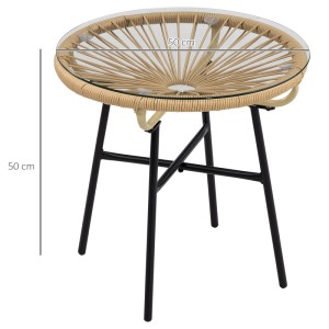 Beiger Outsunny Rattan Beistelltisch mit Glasplatte und schwarzem Metallgestell, 50x50x50 cm.