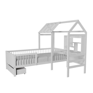 Weißes Juskys Kinderbett Yari 90x200 cm mit Matratze und integriertem Schreibtisch.