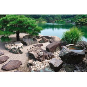 Anwendungsbeispiel: Gartenbauvlies braun im japanischen Garten mit Steinen und Teich.
