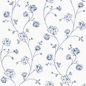 ESTAhome Vliestapete mit Rosenmuster in Weiß und Blau.