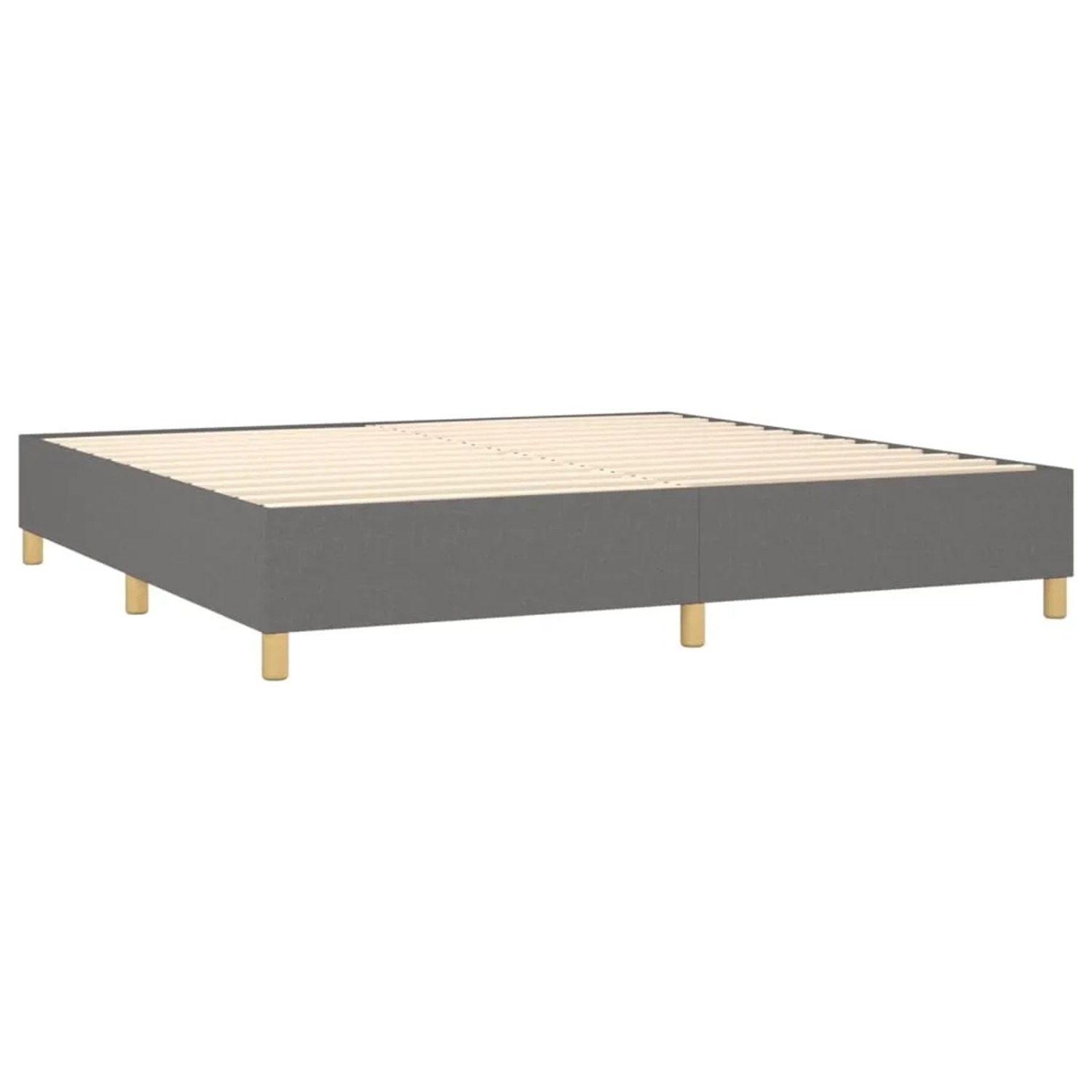 Boxspringbett in Dunkelgrau, Stoffbezug, ohne Matratze. Bettrahmen mit Holzlattenrost und Füßen.