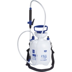 LUX Drucksprüher Classic 3 l, weißer Behälter mit blauem Griff, Düse und Tragegurt.