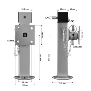 Technische Zeichnung eines klappbaren Xpotool Anhänger Stützfußes aus Metall mit Kurbel, Maßen und 1350kg Traglast.