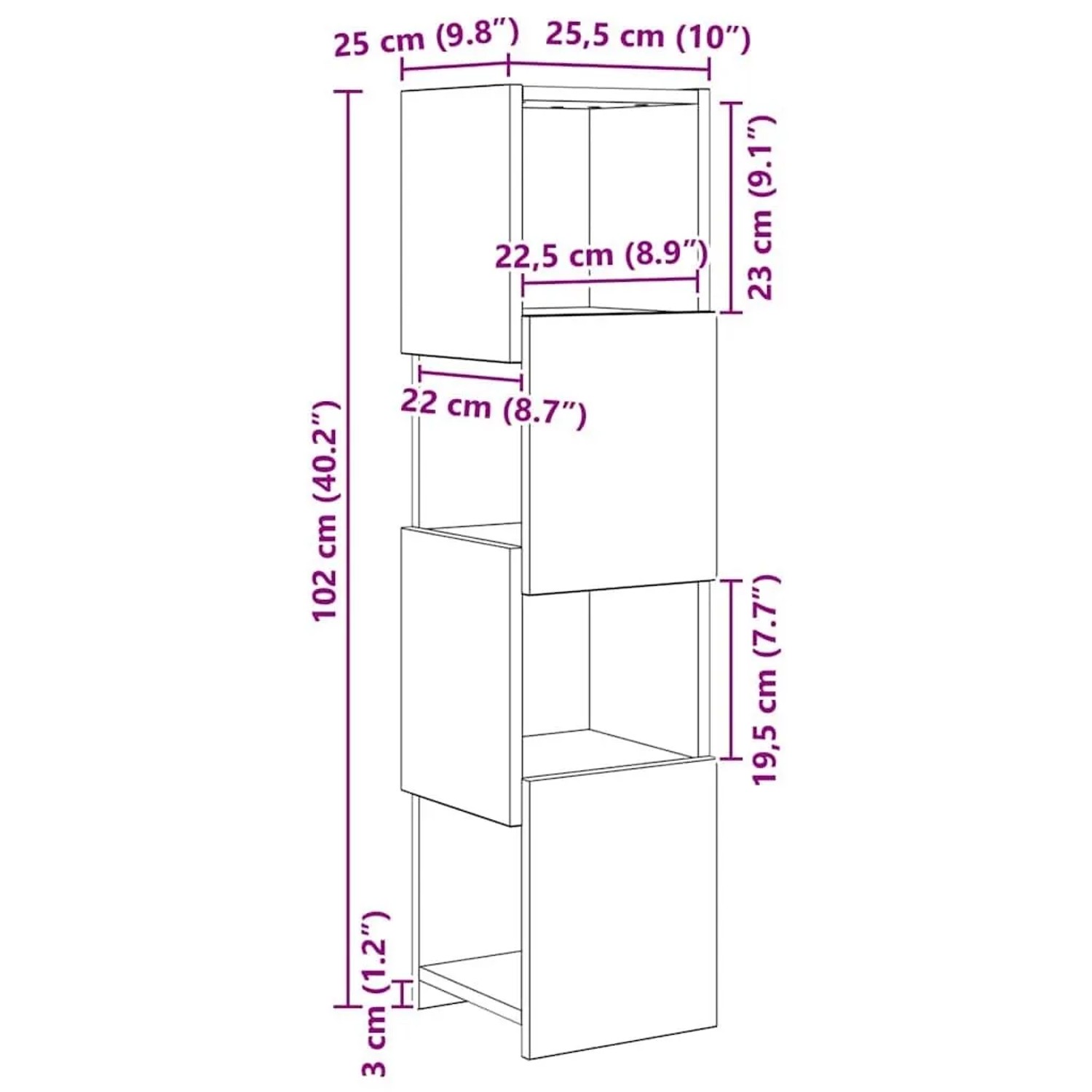 Maßzeichnung vidaXL Eckschrank mit 4 Regalböden. Zeigt Abmessungen 25,5x25x102cm für Wohnzimmerschränke.