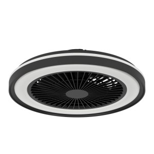 Schwarzer runder LED-Deckenventilator mit integriertem Lichtring und verdeckten Flügeln.
