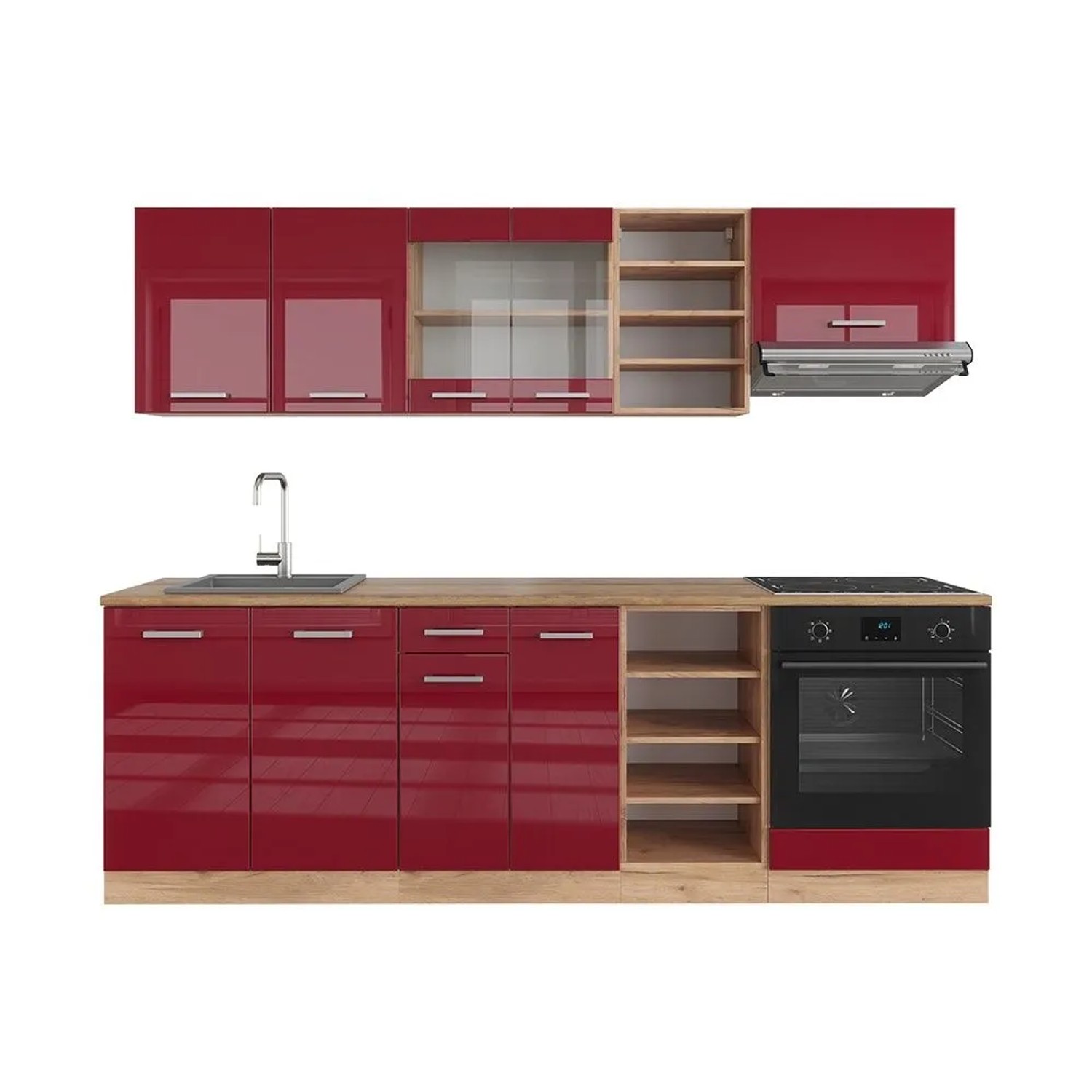 Vicco R-Line Küchenzeile Bordeaux Hochglanz Goldkraft Eiche 240 cm AP Eiche ohne E-Geräte