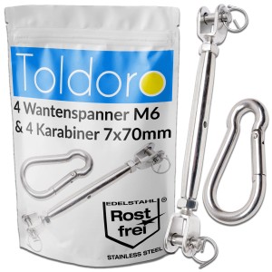 Toldoro Sonnensegelspanner M6 Set mit 4 Karabinern (70mm) aus Edelstahl für die Sonnensegel-Befestigung.