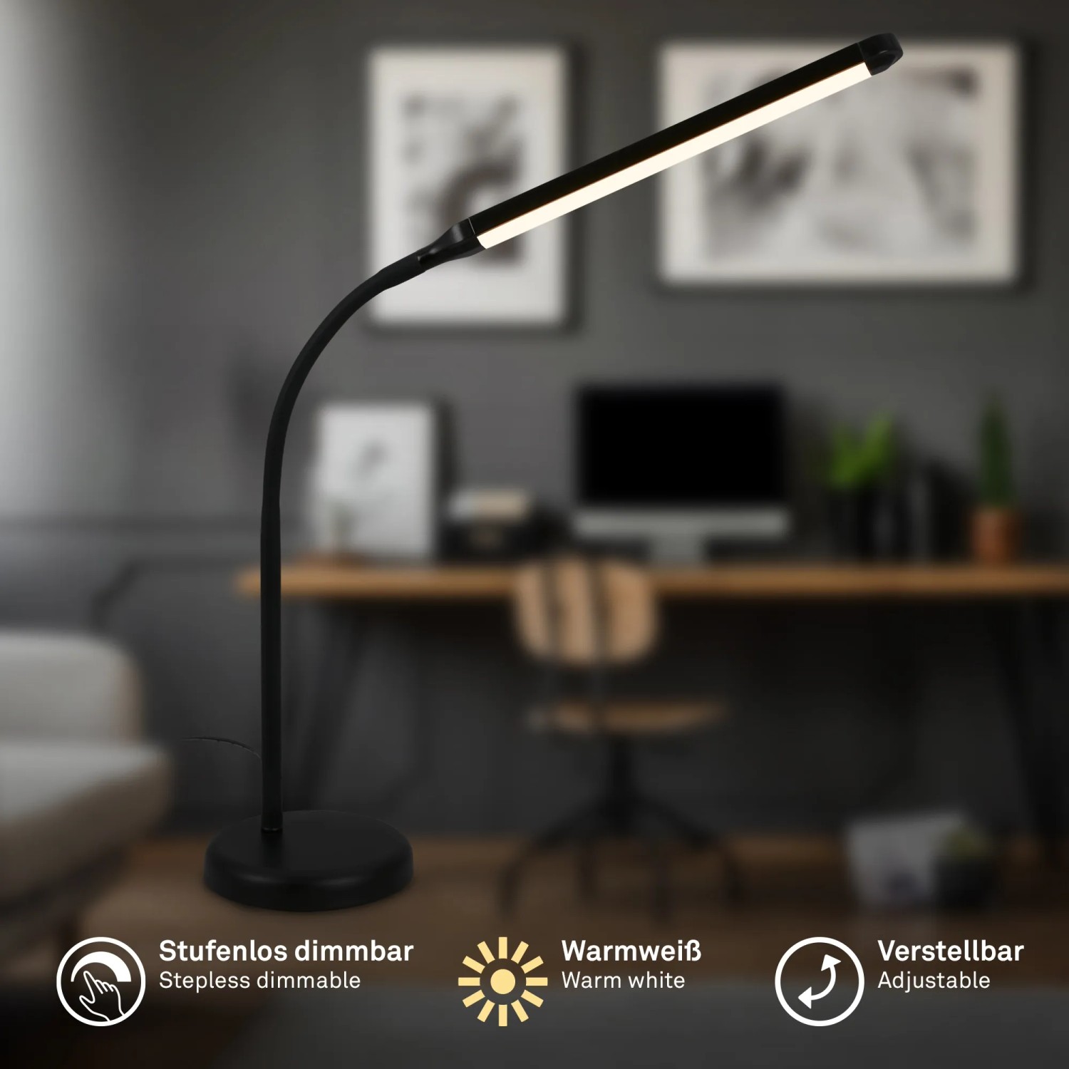 Schwarze Brilo LED-Tischleuchte Mura mit Touchdimmer und schwenkbarem Kopf, 36,6 cm hoch.