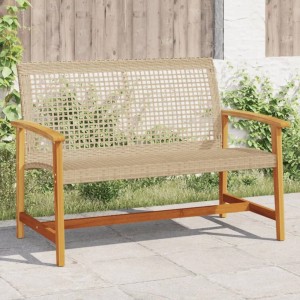 Beige vidaXL Gartenbank aus Poly Rattan und Akazienholz auf gepflasterter Terrasse. Ideal für den Garten.