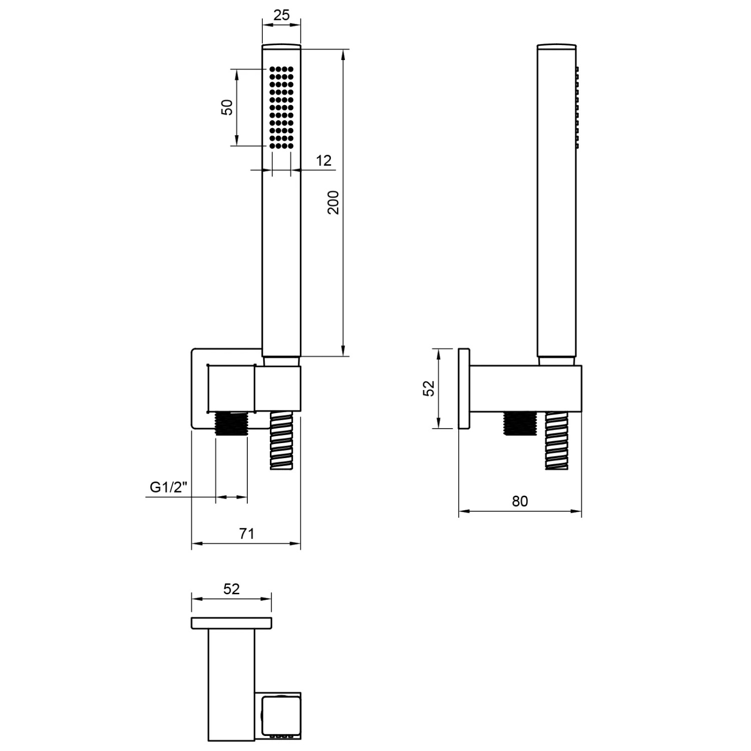 Technische Zeichnung: PaulGurkes Thermostat Duschset mit Regenbrause, Maße und Details.