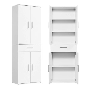 Weißer mokebo Büroschrank mit Schublade und Fächern, geschlossen und geöffnet dargestellt.