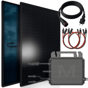 SUNNIVA Balkonkraftwerk 920W mit bifazialen Solarmodulen, Wechselrichter und Kabel für die Stromerzeugung.