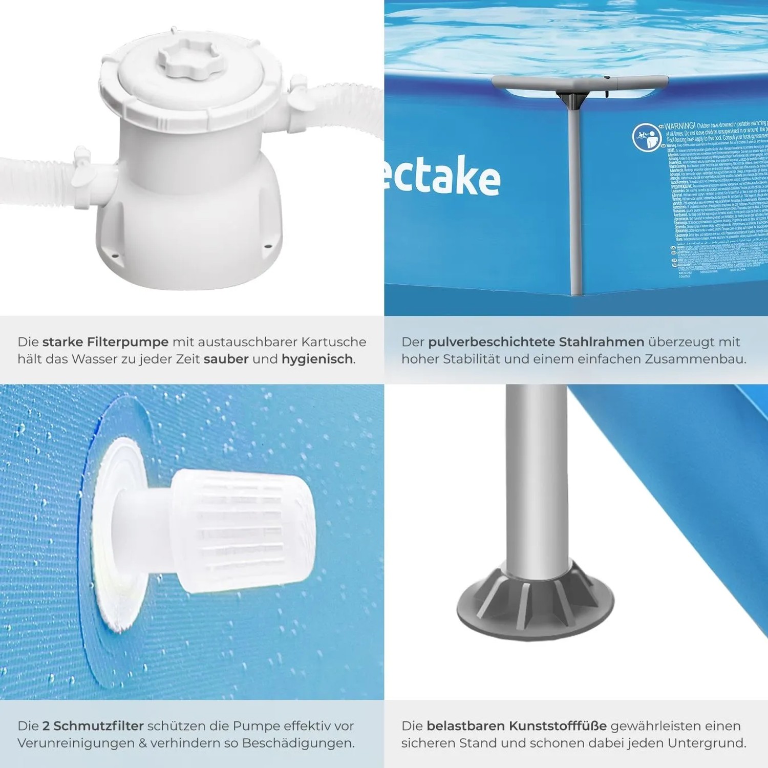 Detailansicht Tectake Swimming Pool mit Filterpumpe und Stahlrahmen.