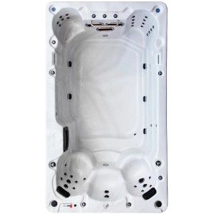 Weißer Canadian Spa Swim Spa Whirlpool St. Lawrence, Vogelperspektive mit Düsen und Sitzen.
