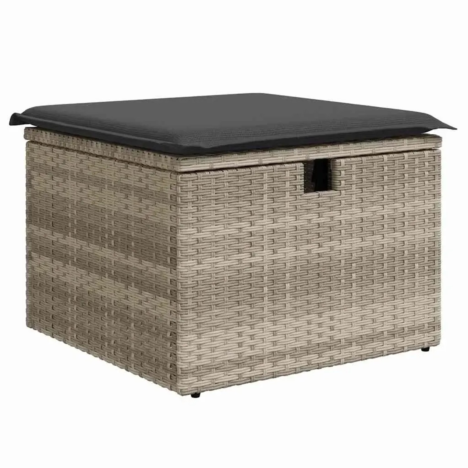 Grauer vidaXL Gartenhocker aus Rattan mit schwarzem Kissen, Teil eines 9-teiligen Garten-Sets.