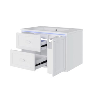PXloue Waschtisch mit Unterschrank 76 cm Wandhängend Badmöbel Set Keramik Waschbecken LED Sensor Licht Weiß