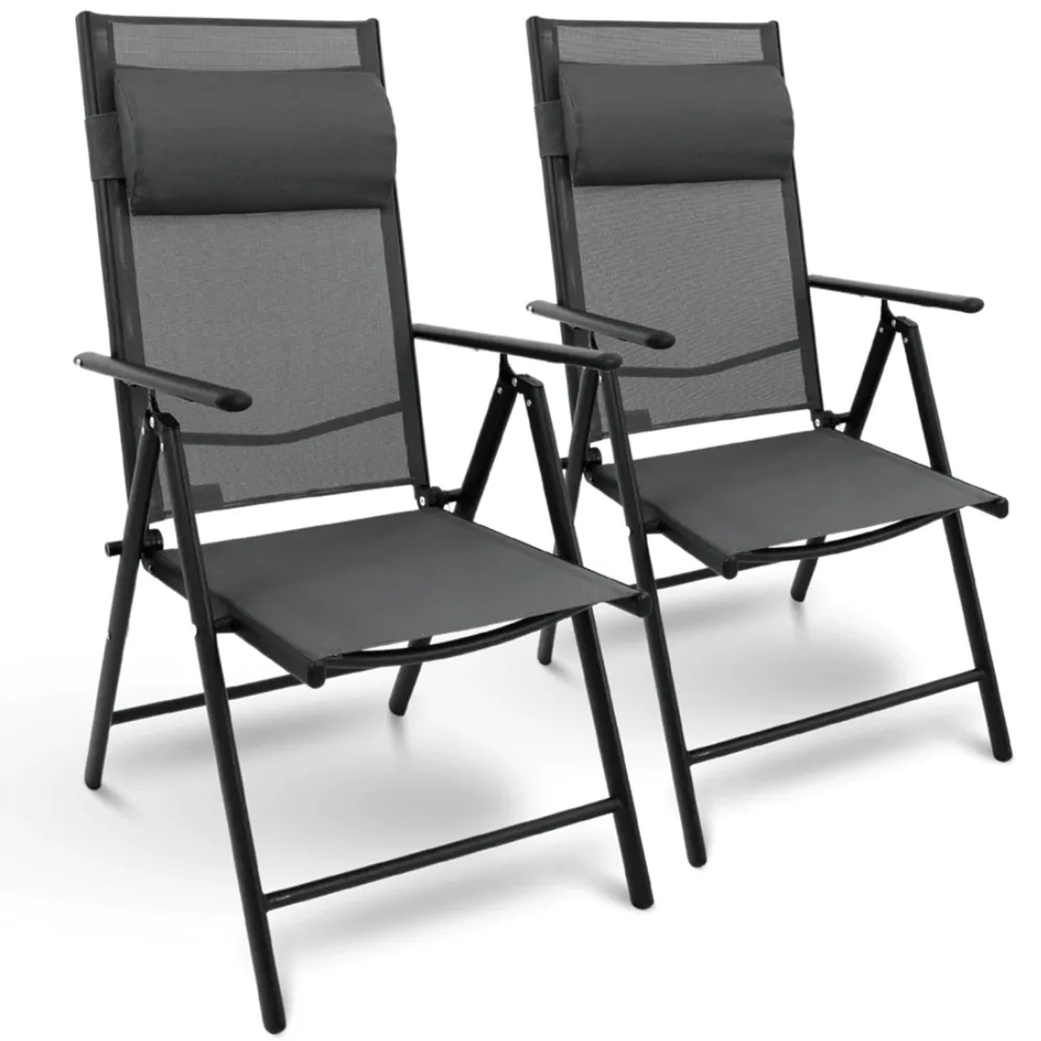 DELUKE 2er Set Gartenstuhl Hochlehner Verstellbar VOGT Stahlgestell Gartenstühle Klappbar mit Kopfkissen Campingstuhl Anthrazit