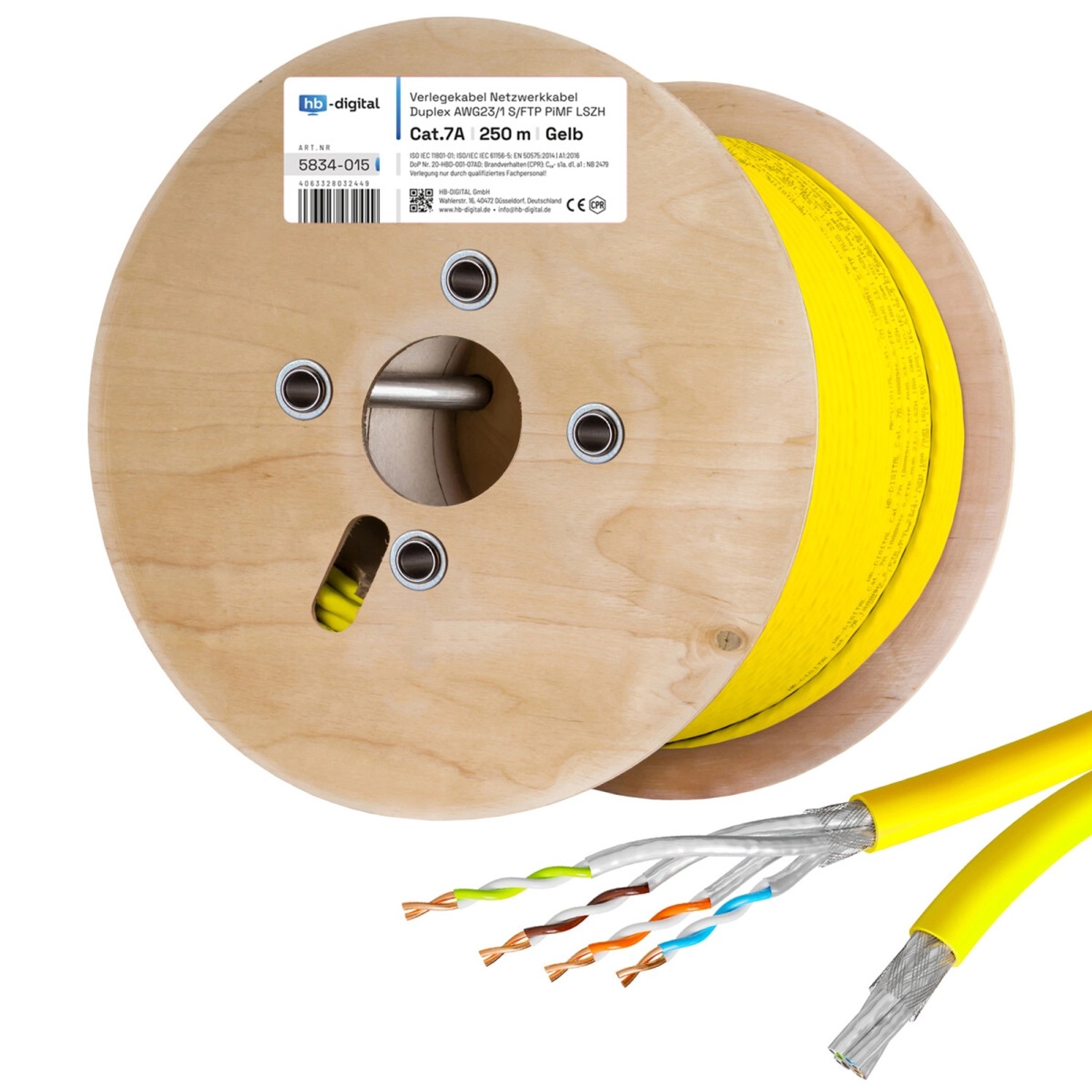 hb-digital CAT 7a Verlegekabel Duplex Installationskabel max. 1200 MHz S/FTP AWG23 LSZH 250m gelb