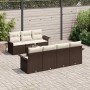 Braunes 8-teiliges vidaXL Garten-Sofa-Set aus Poly Rattan mit Tisch und cremefarbenen Kissen.